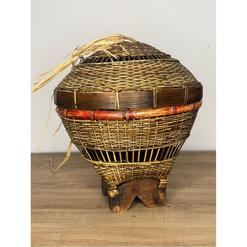 Vintage Balinese Fishing Basket with Red Accent
